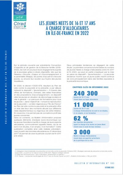 Bulletin d'information n°105 - Les jeunes Neets de 16 et 17 ans à charge d'allocataires en 2022
