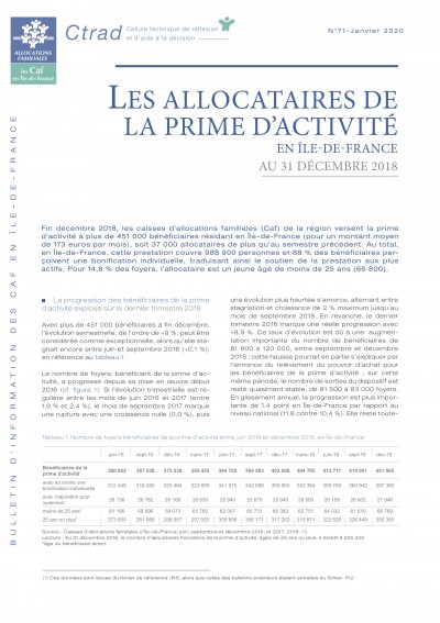 BI-71 LES ALLOCATAIRES DE LA PRIME D’ACTIVITÉ EN ÎLE-DE-FRANCE AU 31 DÉCEMBRE 2018