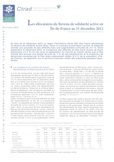 BI-11 Les allocataires du Revenu de solidarité active en Île-de-France au 31 décembre 2012