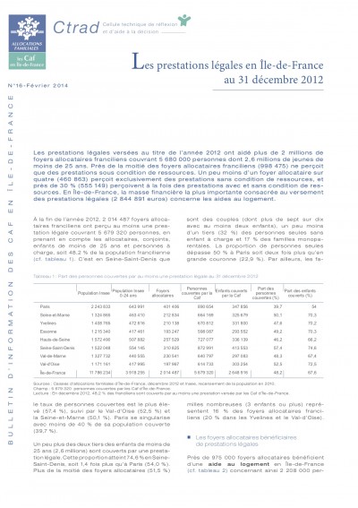 BI-16 Les prestations légales en Île-de-France au 31 décembre 2012