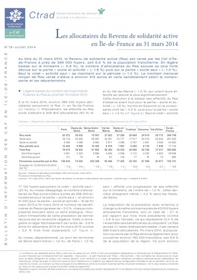 BI-18 Les allocataires du Revenu de solidarité active en Île-de-France au 31 mars 2014