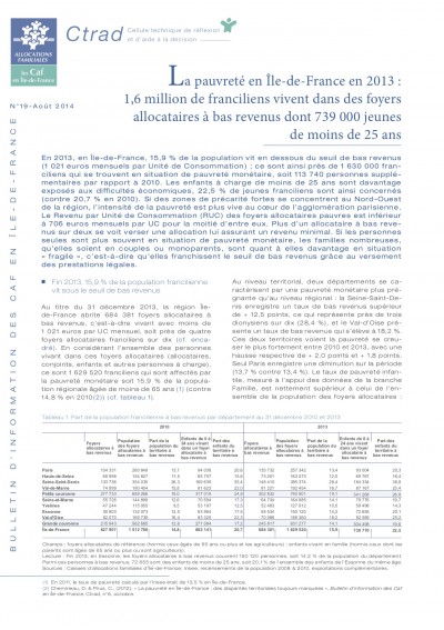 BI-19 La pauvreté en Île-de-France en 2013 : 1,6 million de franciliens vivent dans des foyers allocataires à bas revenus dont 739 000 jeunes de moins de 25 ans