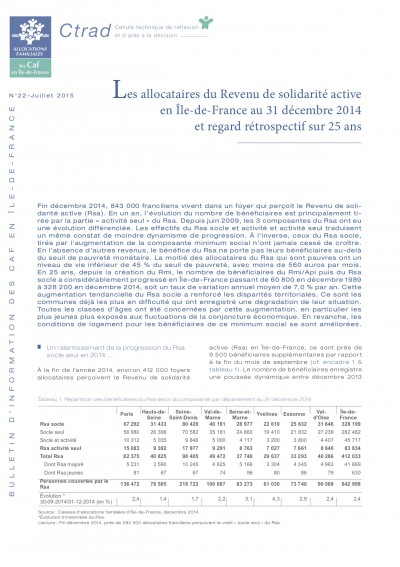 BI-22 Les allocataires du Revenu de solidarité active en Île-de-France  au 31 décembre 2014 et regard rétrospectif sur 25 ans