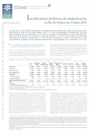 BI-23 Les allocataires du Revenu de solidarité active en Île-de-France  au 31 mars 2015