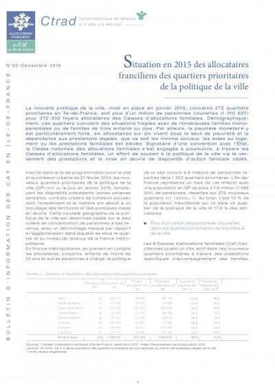 BI-32 Situation en 2015 des allocataires franciliens des quartiers prioritaires de la politique de la ville