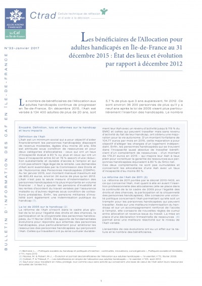 BI-33 Les bénéficiaires de l’Allocation pour adultes handicapés en Île-de-France au 31 décembre 2015 : État des lieux et évolution par rapport à décembre 2012
