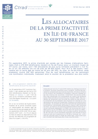 BI-50 LES ALLOCATAIRES DE LA PRIME D’ACTIVITÉ EN ÎLE-DE-FRANCE AU 30 SEPTEMBRE 2017