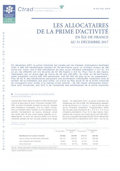 BI-54 LES ALLOCATAIRES DE LA PRIME D’ACTIVITÉ EN ÎLE-DE-FRANCE AU 31 DÉCEMBRE 2017