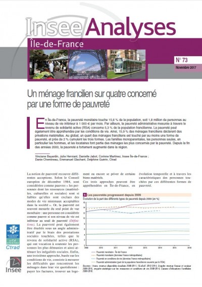 Insee Analyse Île-de-France N°73 : Un ménage francilien sur quatre concerné par une forme de pauvreté (Nov 2017)